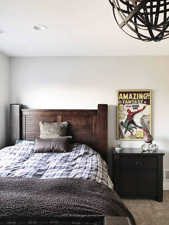 Boys bedroom. Spider man boys bedroom. For this room, I wanted it to be more rustic with more browns, grays, and accents of maroon/red. Spider-man Wall Art is from Hobby Lobby. Comics art. Paint Color: Behr Silver Drop. Beautiful Homes of Instagram @nc_homedesign via Home Bunch