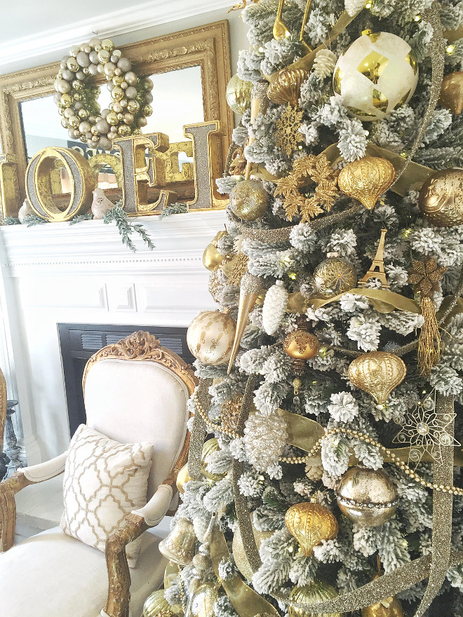 Golden Faux Flocked Tree . The faux flocked tree is from King of Christmas. Golden Faux Flocked Tree #FauxFlockedTree #FlockedTree mk_interiors_-molly