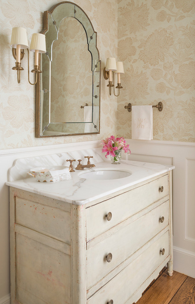 Bathroom antique dresser. Bathroom antique dresser. The vanity was made from a converted antique dresser and the wallpaper is Tyler graphics. #Bathroomantiquedresser #Bathroom #antiquedresser bathroom-antique-dresser