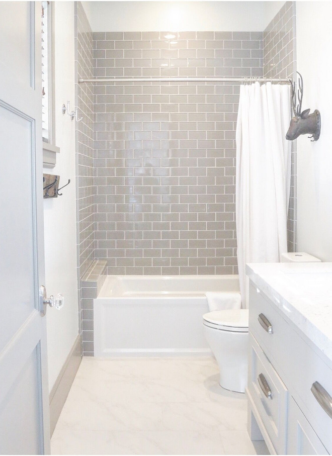 Bathroom features gray wall tile. Tile is Emser Lucente Fog in a 3x6 size, used in a Brick Pattern. #bathroom #graytile #gray #tile bathroom-gray-glass-tile Home Bunch's Beautiful Homes of Instagram @artfulhomestead