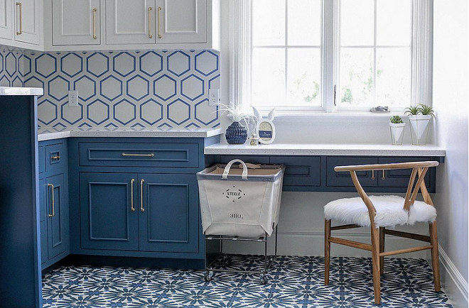 Blue and white cement tile. Blue and White Cement tile is by Cement Tile Shop. Laundry room with Blue and White Cement floor tile. #BlueandWhiteCementtile #BlueandWhiteCementfloortile #Cementfloortile Millhaven Homes. Four Chairs Design.