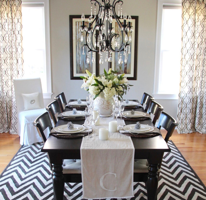 Benjamin Moore Revere Pewter. Benjamin Moore Revere Pewter. Black and white dining room with walls painted in Benjamin Moore Revere Pewter. Benjamin Moore Revere Pewter #BenjaminMooreReverePewter #BenjaminMoore #ReverePewter Home Bunch's Beautiful Homes of Instagram peonypartydesigns