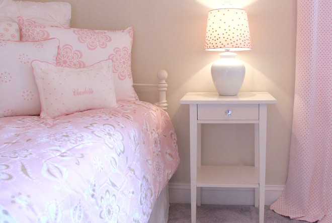 Pink Bedding. Cute girl's bedroom with pink bedding. Pink bedding is from HomeGoods. Nightstand is from Ikea. #PinkBedding #Girlsbedroom Home Bunch's Beautiful Homes of Instagram peonypartydesigns