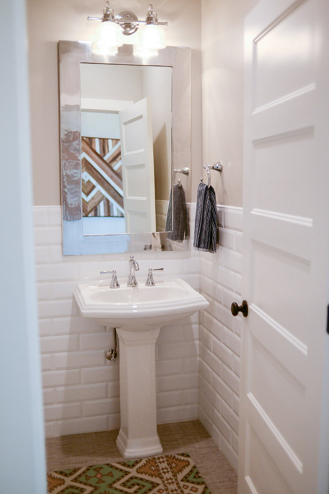 Half wall tile wainscotting. Bathroom features half wall tile wainscotting. Half Wall Tile Wainscot: Bevel, Cotton Glossy, 4”x12”. Bathroom features half wall tile wainscotting. #halfwalltile #wainscotting #halfwalltilewainscotting Millhaven Homes