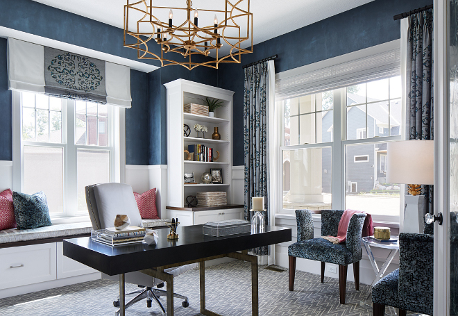 Navy Home Office. A navy custom faux finish on walls bring a luxurious feel to this home office. #Navywalls #homeoffice #office Vivid Interior Design