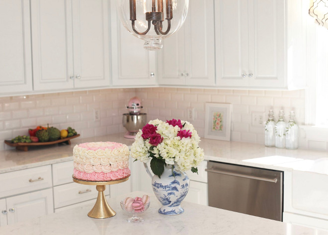Kitchen countertop decor. Flowers: Whole Foods Market Cake & Macaroons: Taste by Spellbound. #kitchen #countertop #decor Home Bunch's Beautiful Homes of Instagram peonypartydesigns