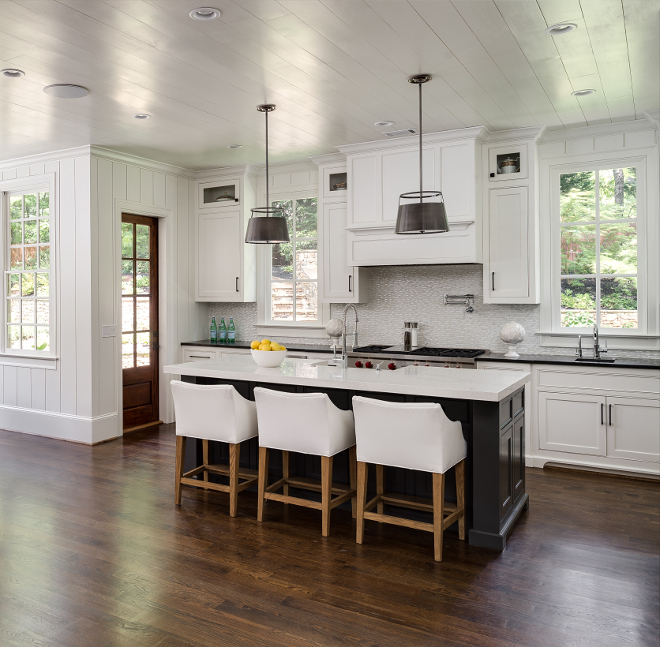 Tongue and Groove Kitchen with shaker panel cabinets. kitchen-tongue-and-groove-ceiling #TongueandGroove #TongueandGroovekitchen #Kitchen #shakerpanelcabinets #shakercabinets Interiors by Courtney Dickey. Architecture by T.S. Adam Studio