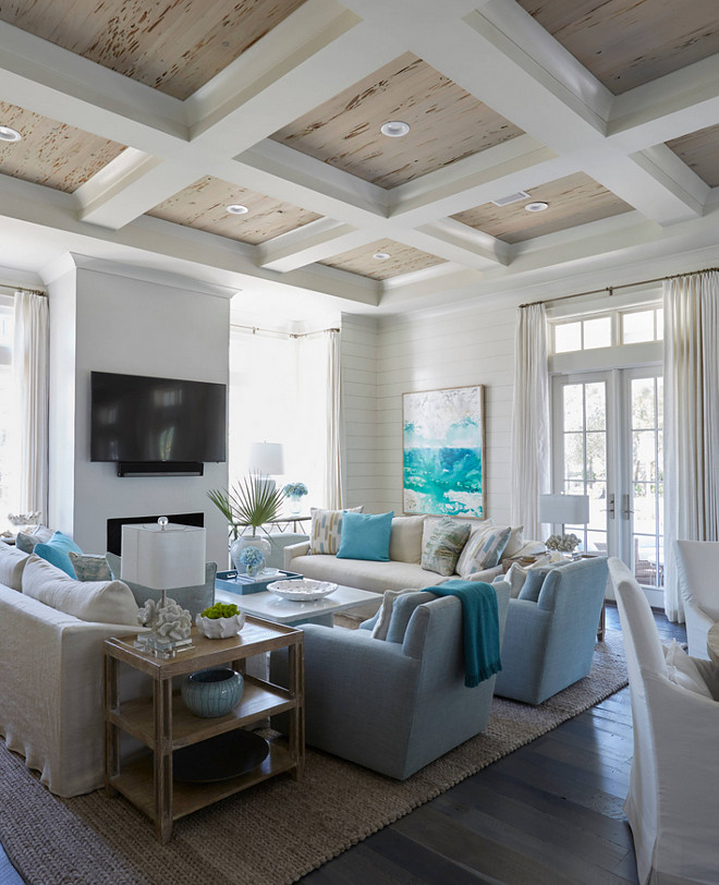 Living room with rustic coffered ceiling wood. The coffers are hollow 2x4 boxes wrapped in sheetrock, with a big crown over the pickled pecky cypress. #cofferedceiling #rusticwoodceiling #coffered #ceiling living-room-rustic-coffered-ceiling-with-pecky-cypress-wood Geoff Chick & Associates