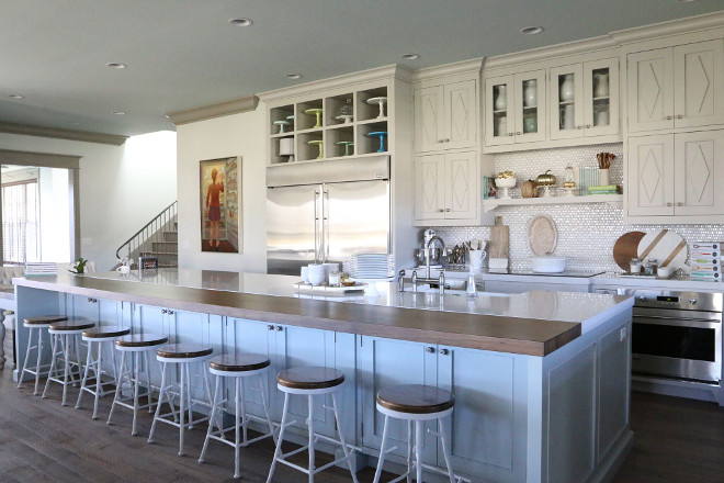Long kitchen island. The family kitchen was designed to accommodate Hollie's entire family and it features a 20’ table and 20’ island. kitchen island 20' island. #kitchenisland #longkitchenisland #20'island long-kitchen-island Home Bunch's Beautiful Homes of Instagram @artfulhomestead