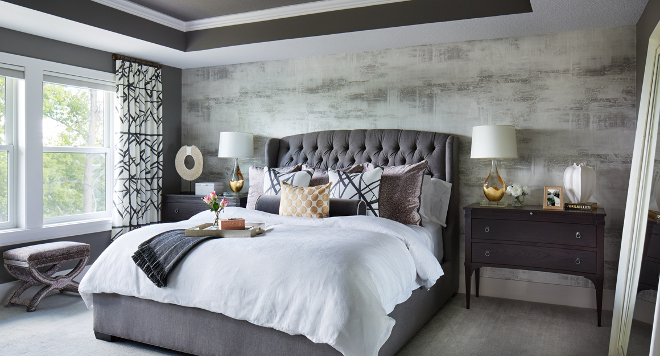 Sherwin Williams SW7019 Gauntlet Gray. Mysterious and inviting, this grey bedroom is surely to impress. Wall and ceiling paint color is Sherwin Williams SW7019 Gauntlet Gray. Sherwin Williams SW7019 Gauntlet Gray #SherwinWilliamsSW7019GauntletGray #SherwinWilliamsSW7019 #SherwinWilliamsGauntletGray #grey #paintcolor #bedroom Vivid Interior Design
