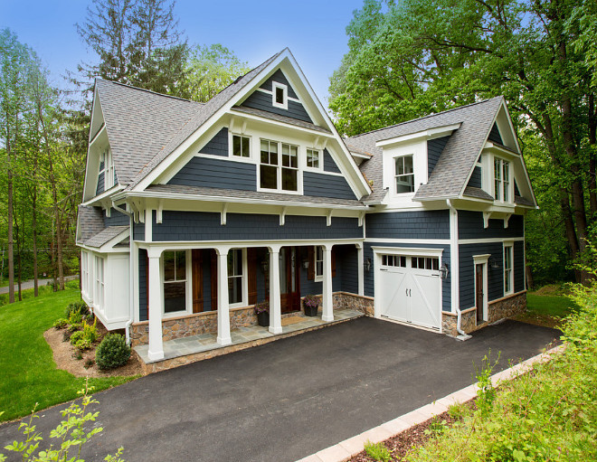 Navy Home Exterior. Navy Home Exterior with white trim, white porch columns and navy shingle. Navy Home Exterior paint colors. #NavyHomeExterior #NavyHomeExteriorpaintcolors #NavyHomeExterior #whitetrim #navyhomewhitetrim #navyhomepaintcolor James McDonald Associate Architects, PC. Hadley Photography