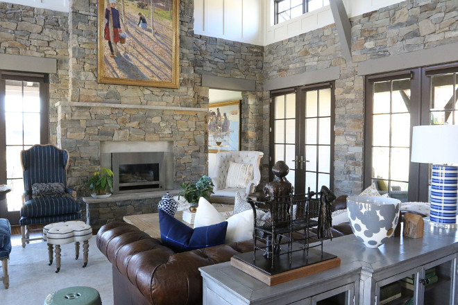 Rustic living room with stone and batten and board walls. The stone was locally quarried to match exterior stonework. #stone #livingroom #rusticlivingroom #boardandbatten rustic-living-room-design Home Bunch's Beautiful Homes of Instagram - @artfulhomestead