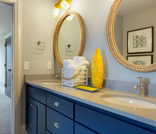 Sherwin Williams SW6244 Naval. This jack and jill bath has a fun nautical theme. The cabinet color is Sherwin Williams SW6244 Naval and the wall color is SW7649 Silverplate. #SherwinWilliamsSW6244Naval #SherwinWilliamsSW6244 #SherwinWilliamsNaval sherwin-williams-sw6244-naval