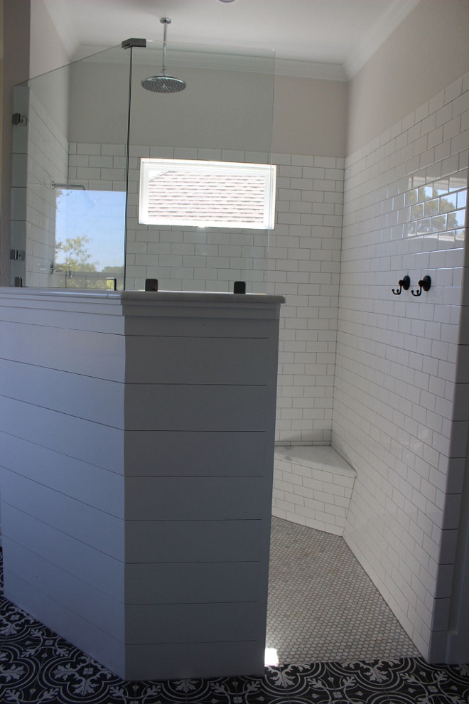 Shiplap Shower Wall. Shiplap Bathroom Shower Wall. Shower wall combines shiplap paneling and white subway tile. #ShiplapShowerWall shiplap-bathroom-wall Instagram Newly Built Home Ideas Instagram @smithteam6