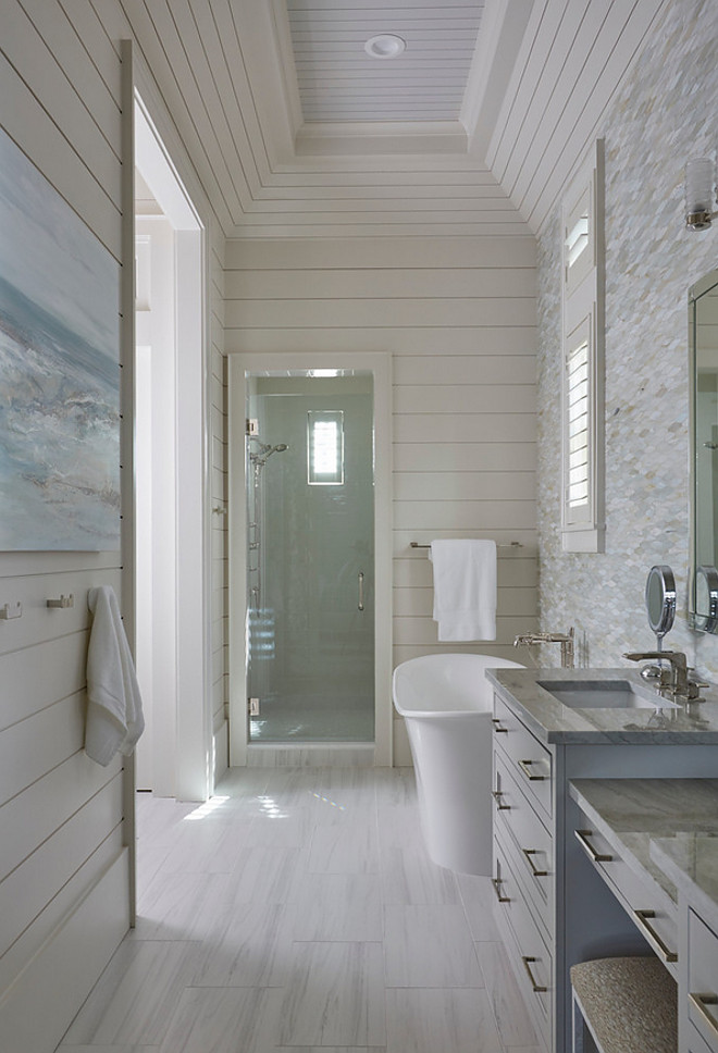 Tongue and groove bathroom. Bathroom with Tongue and groove Walls. The master bathroom also features a rectangular tray ceiling accented with shiplap trim.tongue-and-groove-bathroom #bathroom #Tongueandgroove #Tongueandgroovebathroom #shiplap