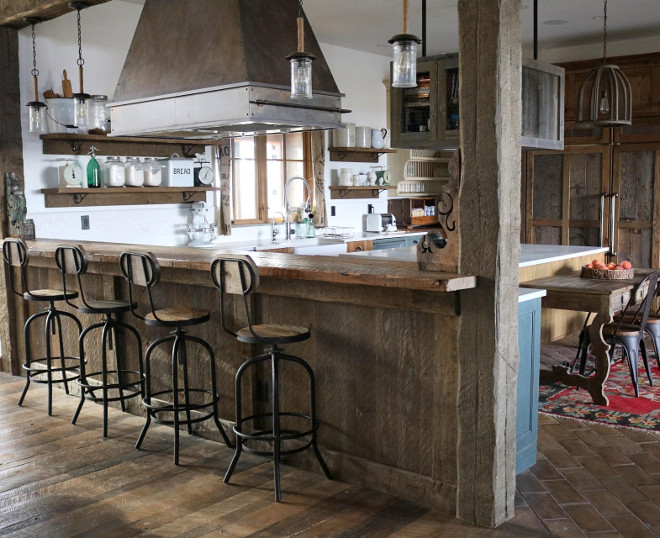 Barn Wood Kitchen. Rustic kitchen features antique barn wood planks. #BarnWood #Kitchen #Rustickitchen #antiquebarnwood #barnwoodplanks Home Bunch's Beautiful Homes of Instagram @birdie_farm