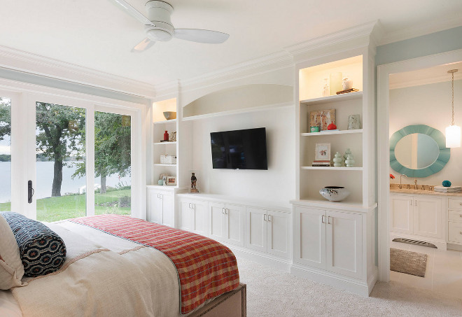 Bedroom Built in Cabinet. Cabinets are custom built painted in Benjamin Moore OC-17 White Dove. #BenjaminMooreOC17WhiteDove #bedroomcabinet #bedroom #cabinet Stonewood LLC. Studio M Interiors. Spacecrafting Photography