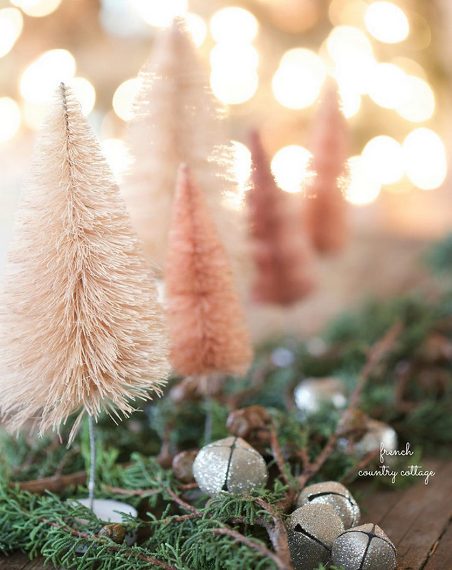 Blush Pink Christmas Decor. Simple and sweet vintage style bottlebrush trees. #BlushPinkChristmasDecor #BlushPinkChristmas #BlushPinkChristmasIdeas #BlushPinkChristmas French Country Cottage via Instagram @frenchcountrycottage