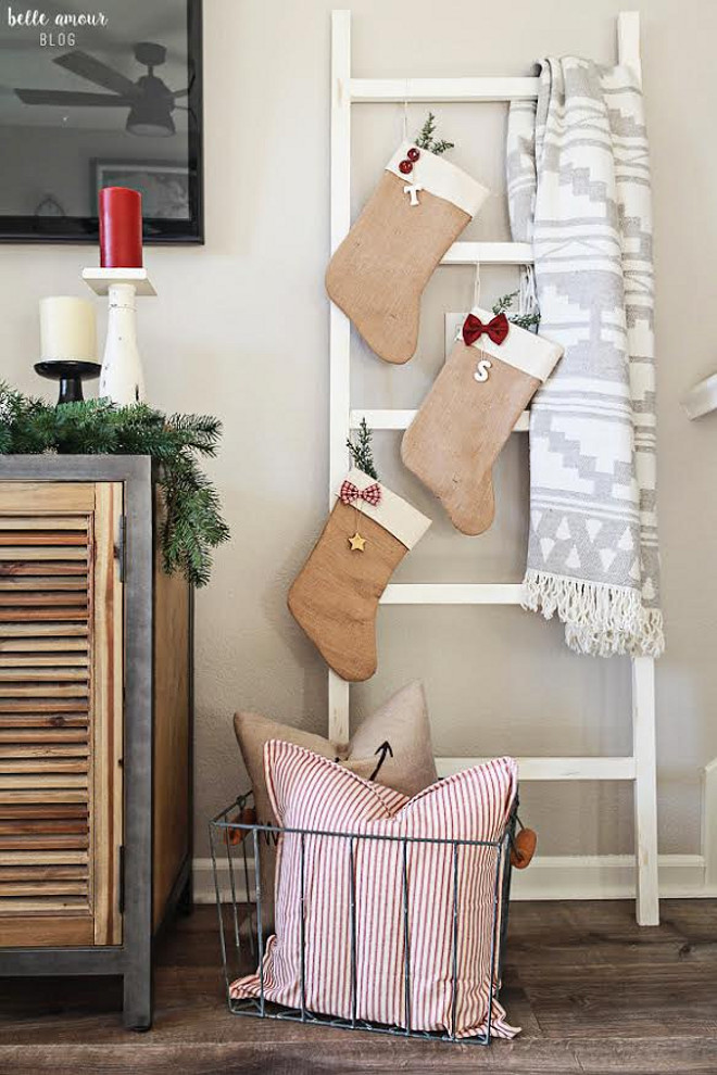 Burlap Stockings. Burlap Christmas Stockings. Farmhouse Burlap Christmas Stockings. Burlap Christmas Stockings #BurlapChristmasStockings #FarmhouseBurlapChristmasStockings Belle Amour Blog