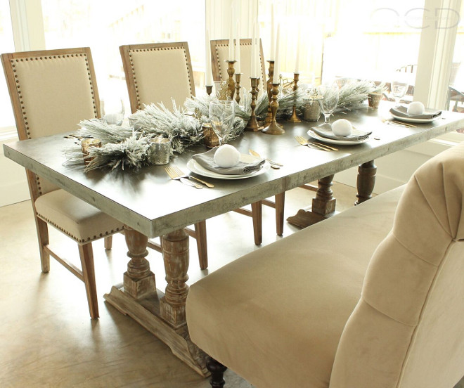 Dining Room. How beautiful! The neutral Christmas decor works perfectly with the furnishings. Table is from Laurie's Home Furnishings. Chairs and bench are from World Market . Dining Room. Dining Room <Dining Room> #DiningRoom Beautiful Homes of Instagram organizecleandecorate