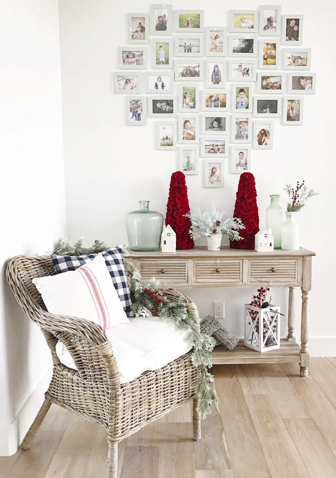 Farmhouse Christmas Home Decor. The heart photo gallery was made with Ikea frames painted in white. Farmhouse Christmas Home Decor Ideas. Farmhouse Christmas Home Decor. #Farmhouse #Christmas #HomeDecorIdeas #DecorIdeas Instagram Beautiful Homes of Instagram @NC_HomeDesign