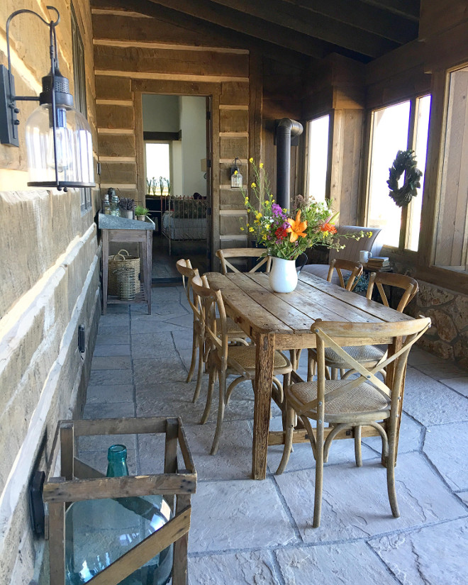 Rustic Porch Stone Flooring. The Stone flooring of this rustic porch is Montana field moss rock. Stone flooring #Stoneflooring #rusticflooring #rusticstonefloor #stonefloor #rustic porch Home Bunch's Beautiful Homes of Instagram @birdie_farm