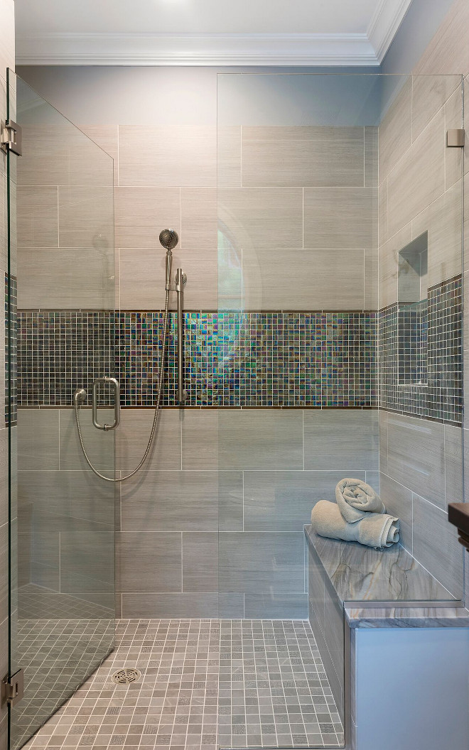 Shower Tile. Shower Tile Combination. Tile (Shower Accent): Level 43 Transparent Iridescent Tile #11.199.02S Tile (Shower Walls): Shen Collection Graylake. #ShowerTile Stonewood LLC. Studio M Interiors. Spacecrafting Photography.