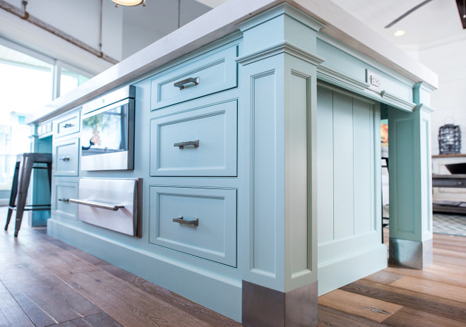 Aqua kitchen island. Kitchen Island: The aqua kitchen island features a custom aqua color developed by Waterview Kitchens and Crystal Cabinets. "Sherwin Williams SW 6463 Breaktime" is a close color. Aqua kitchen island. #Aquakitchenisland #Aquaisland #kitchenisland #Aqua #kitchen #island #SherwinWilliamsSW6463Breaktime Waterview Kitchens