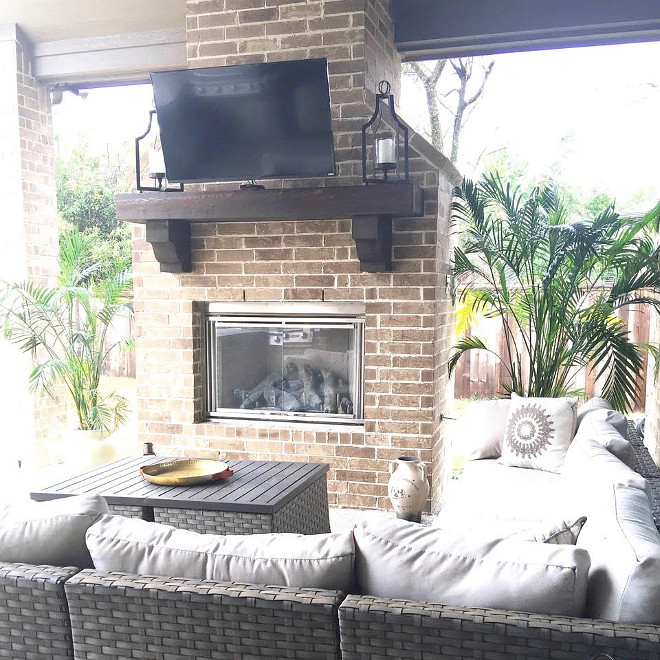 Back Porch. Back Porch with brick fireplace and timber mantel. Back Porch #BackPorch #Porch #brickfireplace #timbermantel