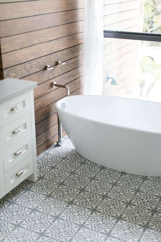 Bathroom cement tile, stained shiplap walls, freestanding bath and wall-mount tub filler. #Bathroom #cementtile #stainedshiplap #stainedshiplapwalls #freestandingbath #wallmounttubfiller Patterson Custom Homes