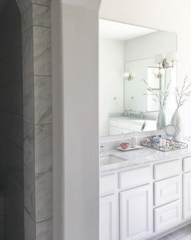 Bathroom. Bathroom. Countertop is polished white marble. Tile is a marble-looking porcelain tile from Arizona Tile. Bathroom #bathroom Beautiful Homes of Instagram: classicstylehome