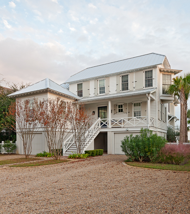 Beach House Exterior. South Carolina Beach House Exterior. This is one of the most popular home exterior styles lately ; white siding with metal roof. White Exterior Paint color: Benjamin Moore Super White. Roof is Galvanized Standing Metal seam. Beach House Exterior Ideas. Beach House Exterior #BeachHouseExterior #SouthCarolinaBeachHouseExterior