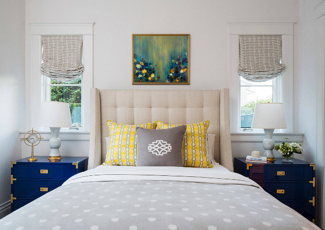 Bedroom color palette inspiration. Pale grey bedroom with navy and yellow accents. Pale grey bedroom with navy and yellow color palette. Bedroom color palette #Bedroomcolorpalette #Bedroomcolorpaletteinspiration #Bedroom #colorpalette #Palegreybedroom #greybedroom #navyandyellow #accentcolor Martha O'Hara Interiors