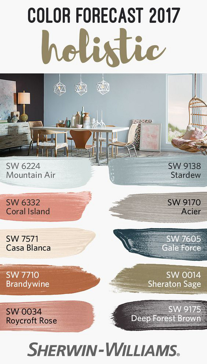 Best Paint Color for 2017. New Paint Colors for 2017. Sherwin Williams SW 6224 Mountain Air. Sherwin Williams SW 9138 Stardew. Sherwin Williams SW 6332 Coral Island. Sherwin Williams SW 9170 Acier. Sherwin Williams SW 7571 Casa Blanca. Sherwin Williams SW 7605 Gale Force. Sherwin Williams SW 7710 Brandywine. Sherwin Williams SW 0014 Sheraton Sage. Sherwin Williams SW 0034 Roycroft Rose. Sherwin Williams SW 9175 Deep Forest Brown. #Newpaintcolors #2017paintcolors 