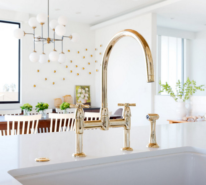 Brass Faucet. Faucet is a custom finish from Rohl. #BrassFaucet #Brasskitchenfaucet #kitchenfaucet Denton Developments. Amy Bartlam Photography.