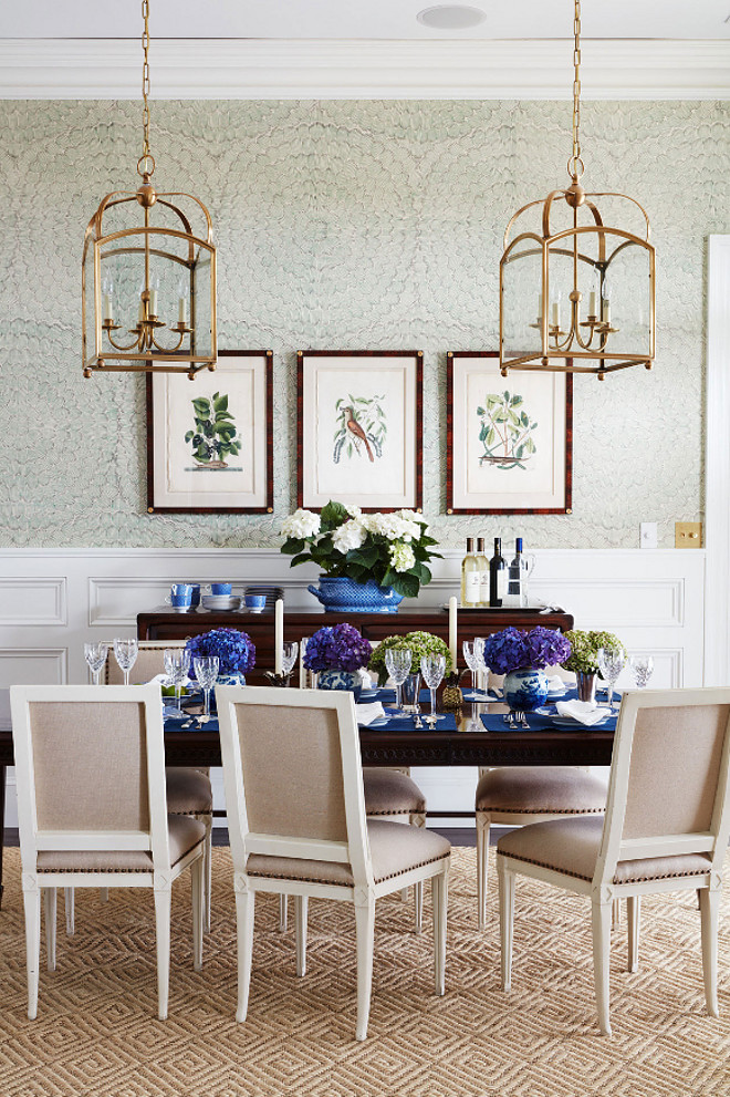 Brass Lanterns over Dining Table. Brass Lanterns over Dining Table. Brass Lanterns over Dining Table. The dining room features a classy wallpaper and a pair of brass lanterns over the table. The brass lanterns are by Circa Lighting. #BrassLanterns #DiningTable Andrew Howard Interior Design