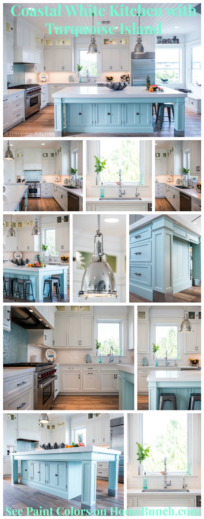 Coastal White Kitchen with Turquoise Island. Beautiful, cheerful and happy Coastal White Kitchen with Turquoise Island #CoastalKitchen #White itchen #TurquoiseIsland Via Home Bunch