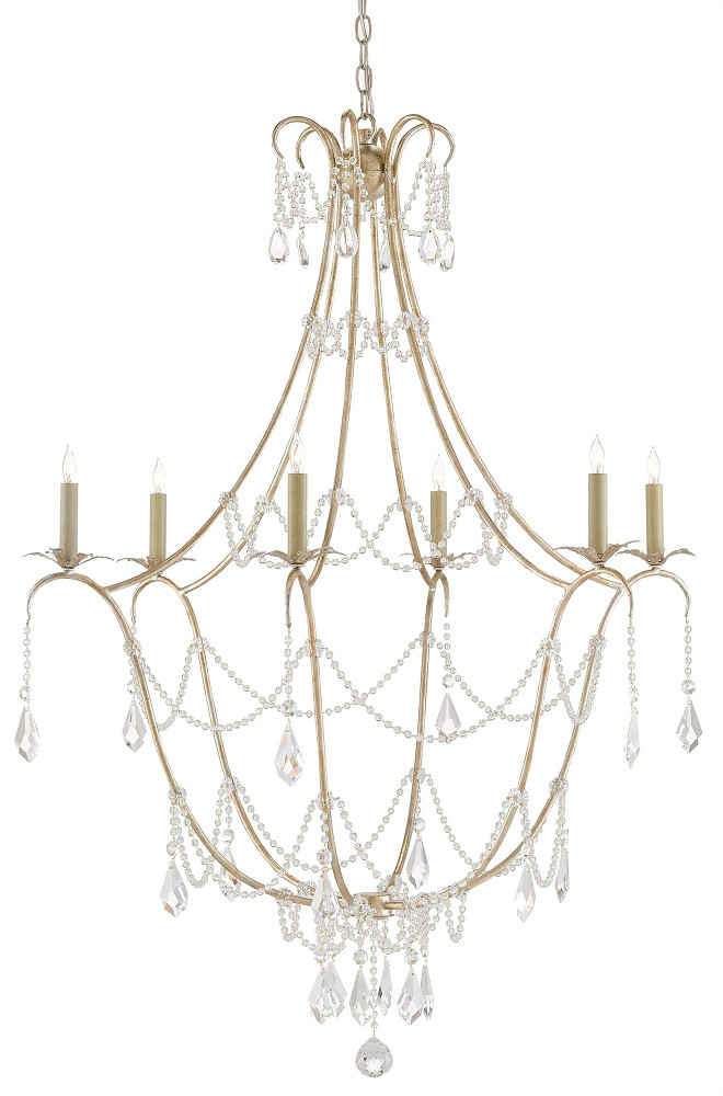 Currey and Co Elizabeth Chandelier. Versatile and classic, Currey and Co's Elizabeth Chandelier is one of my favorite chandeliers. Less is more with the Elizabeth Chandelier. An airy iron framework is delicately draped with tasteful crystal accents. Teardrops and beaded strands adorn the traditional Silver Granello finished design.