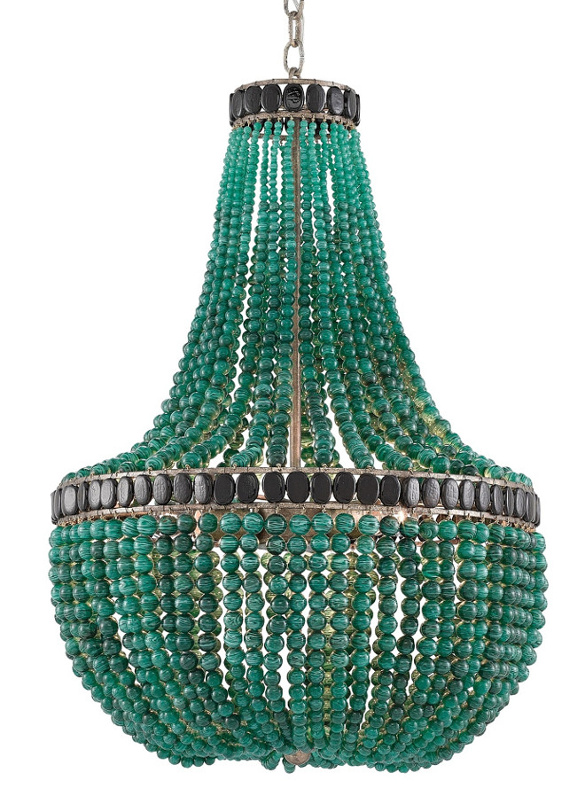 Currey and Co La Malaquita Chandelier. Green is the the color of life, renewal, nature, energy and 2017 is the year of Green! Believe me, you will see so many new green decorative items and fresh ways to bring more green into your home over the new year. This gorgeous beaded chandelier by Currey & Co, the La Malaquita Chandelier, would look amazing in a room that calls for a punch of color. The La Malaquita Chandelier's classic form is adorned by hundreds of rich emerald green and black beads. The piece's empire style is complemented by a Pyrite Bronze finish. The Marjorie Skouras Collection.