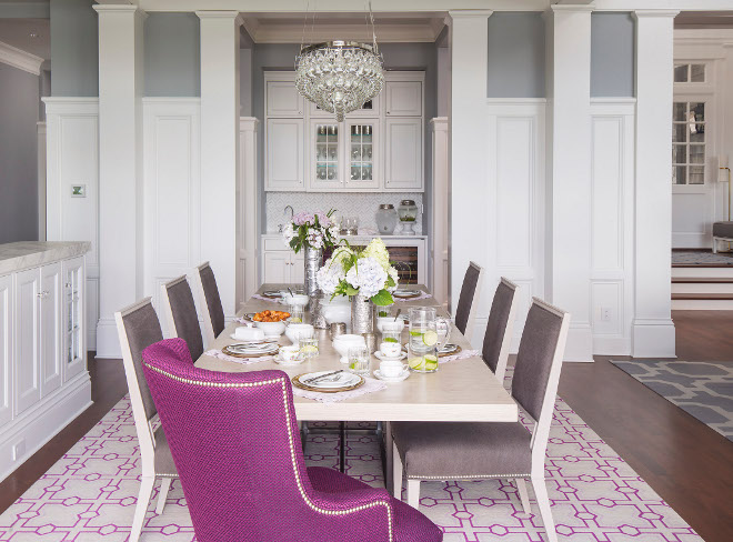 Dining Room Wainscoting. Dining room features wall paneling, custom millwork and csutom wainscoting. A butlers pantry is tucked into a nook. #DiningRoom #Wainscoting #Diningroomwainscoting #wallpaneling #custommillwork #customwainscoting #butlerspantry Martha O'Hara Interiors