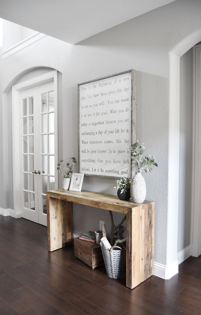 Farmhouse Entry Console Table. I love the simplicity of this entry. Isn't this reclaimed wood console great? Farmhouse Entry Console Table Design. Farmhouse Entry Console Table Decor. Farmhouse Entry Console Table #FarmhouseEntry #ConsoleTable Home Bunch's Beautiful Homes of Instagram Pillow Thought