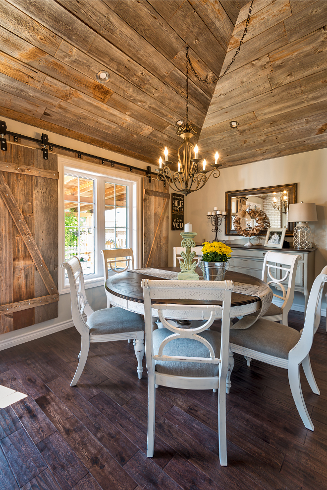 Farmhouse dining room with barn wood shiplap ceiling. Rustic Farmhouse dining room with vaulted barn wood shiplap ceiling. #Farmhousediningroom #barnwoodshiplap #barnwoodshiplapceiling #Rustic #Farmhouse #diningroom #vaultedshiplapceiling #barnwood #shiplap #barnwoodshiplap #shiplapceiling Hardcore Renos