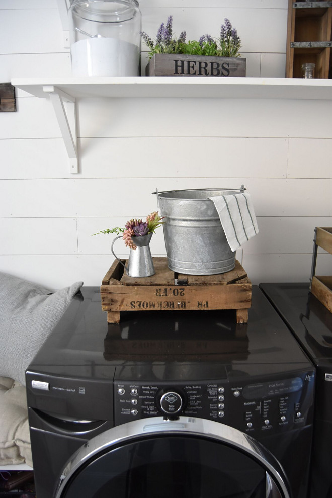 Farmhouse laundry room with shiplap, reclaimed wood storage and open shelves. Farmhouse laundry room with shiplap, reclaimed wood storage and open shelves. #Farmhouselaundryroom #laundryroom #shiplap #shiplaplaundryroom #reclaimedwood #storage #openshelves Pillow Thought Home