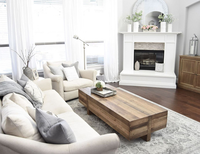Farmhouse living room. Farmhouse living room. This rustic wood coffee table is from West Elm. #Farmhouselivingroom #livingroom Home Bunch's Beautiful Homes of Instagram Pillow Thought