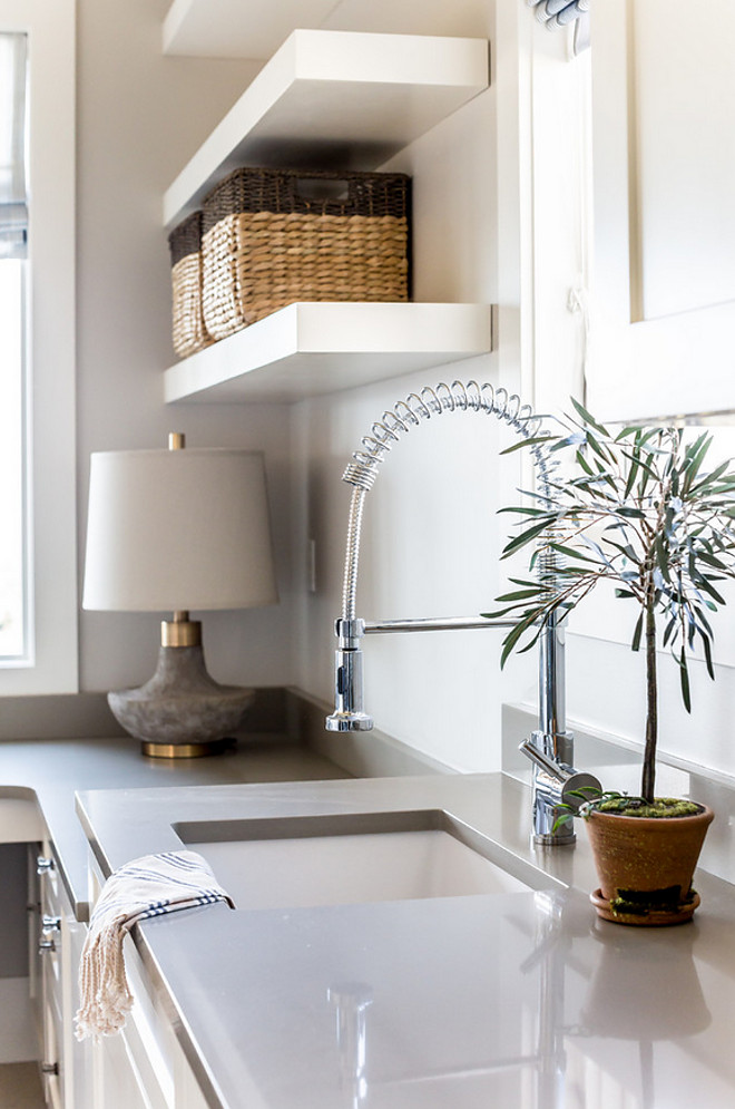 Grey Quartz, undermount sink and industrial faucet. Crisp, clean look with white cabinets, grey quartz countertop, undermount sink and industrial faucet. Crisp, clean look with white cabinets, grey quartz countertop, undermount sink and industrial faucet #GreyQuartz #undermountsink #industrialfaucet Timberidge Custom Homes