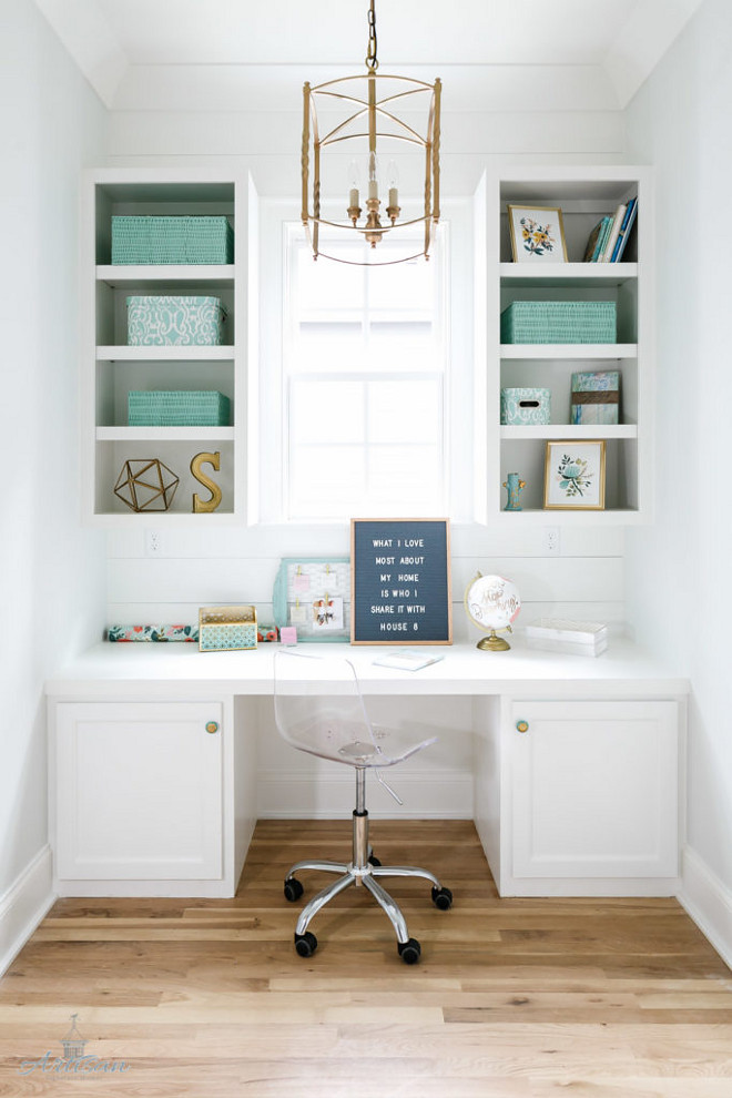 Home Office Built in Desk. Home Office Built in Desk. Home Office White Built in Desk and aqua accessories. The brass lantern is from Ballard Designs. #HomeOffice #BuiltinDesk