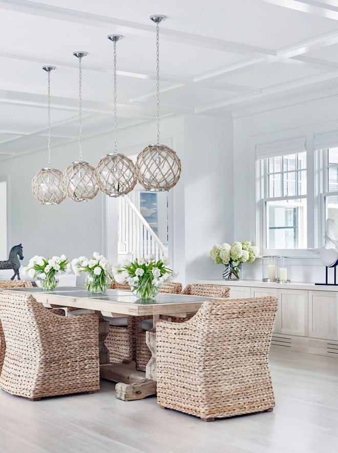 This dining room feature braided woven abaca dining chairs. The woven ding chairs are the St. Martin Armchairs from Restoration Hardware #Jute #Rope #Nautical #diningroom #braidedwoven #woven #abaca #diningchairs # StMartinArmchairs #RestorationHardware Chango & Co.