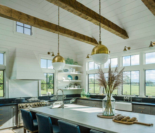Kitchen Brass Lighting. The brass lighting is TOB5064HAB-WG Hicks Extra Large Hicks Pendant in Hand-Rubbed Antique Brass with White Glass from Circa Lighting. #Kitchen #brasslighting #handrubbedbrass Roundtree Construction. TruexCullins Architecture + Interior Design