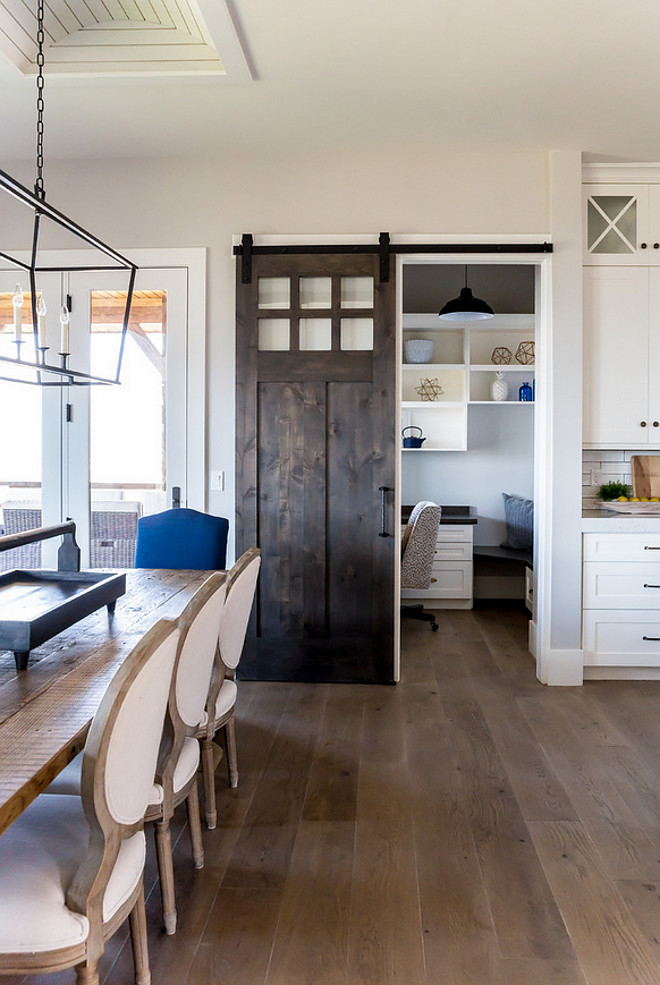 Kitchen barn door opens to small office. Farmhouse Kitchen barn door opens to small office. Kitchen barn door opens to small office #Kitchen #barndoor #farmhouse #farmhousekitchen Timberidge Custom Homes