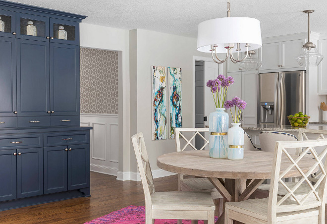 Kitchen table. Kitchen table and navy hutch. Kitchen with trestle table and navy hutch. #Kitchen #trestletable #navyhutch Martha O'Hara Interiors. Troy Thies Photography.